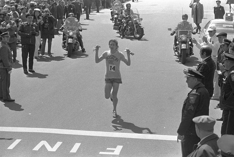 Here &amp; Now's Robin Young recalls cheering on Bill Rodgers of the Greater Boston Track Club as he approached the finish line to win the Boston Marathon on April 21, 1975. (AP)