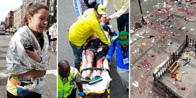 LEFT: A marathon runner leaves the course near Copley Square. (Winslow Townson/AP) CENTER: Medical workers aid an injured woman. (Charles Krupa/AP). RIGHT: The scene after the two explosions. (Bruce Mendelsohn/AP)