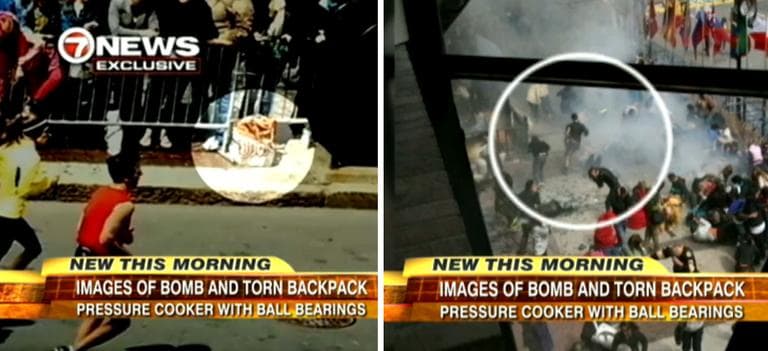 At left, an image from WHDH-TV of a bag that appears to be at the center of one of the explosions. At left, a man who responds differently from other victims of the blast. (Screenshots from ABC&#039;s Good Morning America)