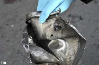 This image from a Federal Bureau of Investigation and Department of Homeland Security joint bulletin issued to law enforcement, shows the remains of a pressure cooker that the FBI says was part of one of the bombs that exploded during the Boston Marathon. (FBI/AP)