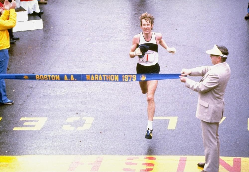 Bill Rodgers crossing the Boston Marathon finish line in 1979. (AP)