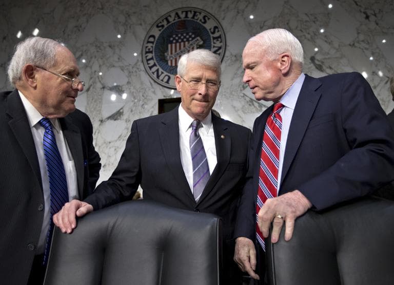 Sen. Roger Wicker, R-Miss., center, talks with Senate Armed Services Committee Chairman Carl Levin, D-Mich., left, and Sen. John McCain, R-Ariz., as they arrive for a Senate Armed Services Committee on Capitol Hill in Washington, Wednesday, April 17, 2013. Police are investigating a letter mailed to Sen. Roger Wicker that tested positive for poisonous ricin, a Senate colleague said. (J. Scott Applewhite/AP)