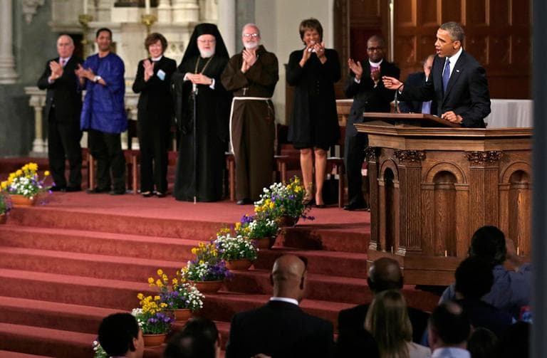 President Obama speaks during an interfaith healing service at the Cathedral of the Holy Cross in Boston Thursday. (Charles Krupa/AP)