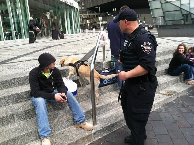 An Amtrak police officer makes rounds with a bomb-sniffing dog near South Station. (Steve Brown/WBUR)
