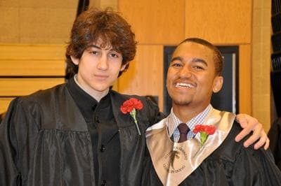 Dzhokhar A. Tsarnaev (left) and Here &amp; Now host Robin Young's nephew are pictured in a Cambridge Rindge and Latin graduation photo. Tsarnaev has been identified as the surviving suspect in the marathon bombings. (Courtesy: Robin Young)