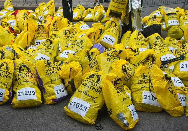 Bags holding runners' clothing and personal items wait to be claimed on April 15, 2013. (Mark Zastrow/Flickr)
