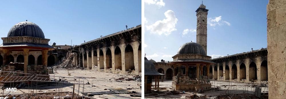 This combination of two citizen journalist images provided by Aleppo Media Center AMC which has been authenticated based on its contents and other AP reporting, shows at left: the damaged famed 12th century Umayyad Mosque without the minaret, background right corner, which was destroyed by the shelling, in the northern city of Aleppo, Syria, Wednesday April 24, 2013; and at right, an undated view of the mosque with is minaret still intact. The minaret of a famed 12th century Sunni mosque in the northern Syrian city of Aleppo was destroyed Wednesday, April; 24, 2013, leaving the once-soaring stone tower a pile of rubble and twisted metal scattered in the tiled courtyard. President Bashar Assad's regime and anti-government activists traded blame for the attack against the Umayyad mosque, which occurred in the heart Aleppo's walled Old City, a UNESCO World Heritage site. It was the second time in just over a week that a historic Sunni mosque in Syria has been seriously damaged. (AP Photo/Aleppo Media Center, AMC)