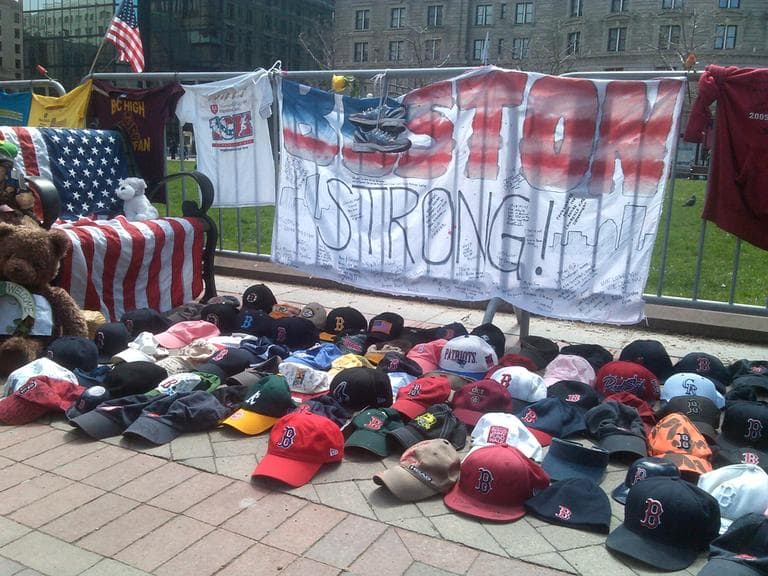 The makeshift memorials around the Boston Marathon crime scene have been moved to Copley Square Park. (Alex Ashlock/Here &amp; Now)
