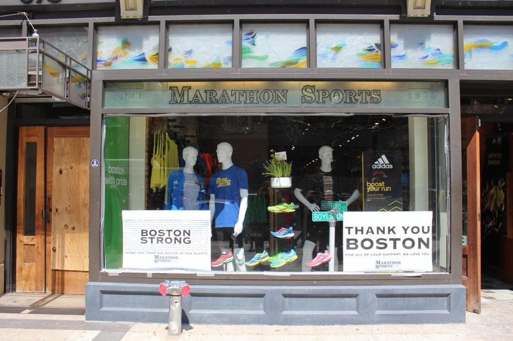 The storefront of Marathon Sports on Boylston Street, near the marathon finish line. (Courtesy of Alison Roberts)