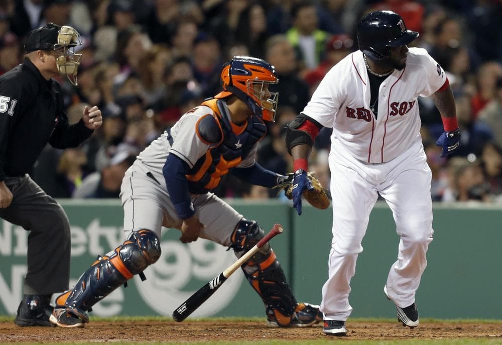 David Ortiz, right, watches his two-run double in front of Houston Astros catcher Carlos Corporan, center, in the second inning, Saturday. (AP Photo/Michael Dwyer