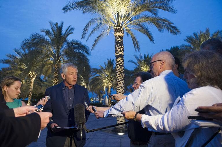 U.S. Secretary of Defense Chuck Hagel speaks with reporters after reading a statement on chemical weapon use in Syria during a press conference in Abu Dhabi, United Arab Emirates on Thursday, April 25, 2013. (AP)