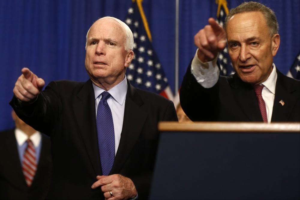Sen. John McCain, R-Ariz., left, and Sen. Charles Schumer, D-N.Y. take questions during a news conference on immigration reform legislation, Thursday, April 18, 2013, on Capitol Hill in Washington. (AP)