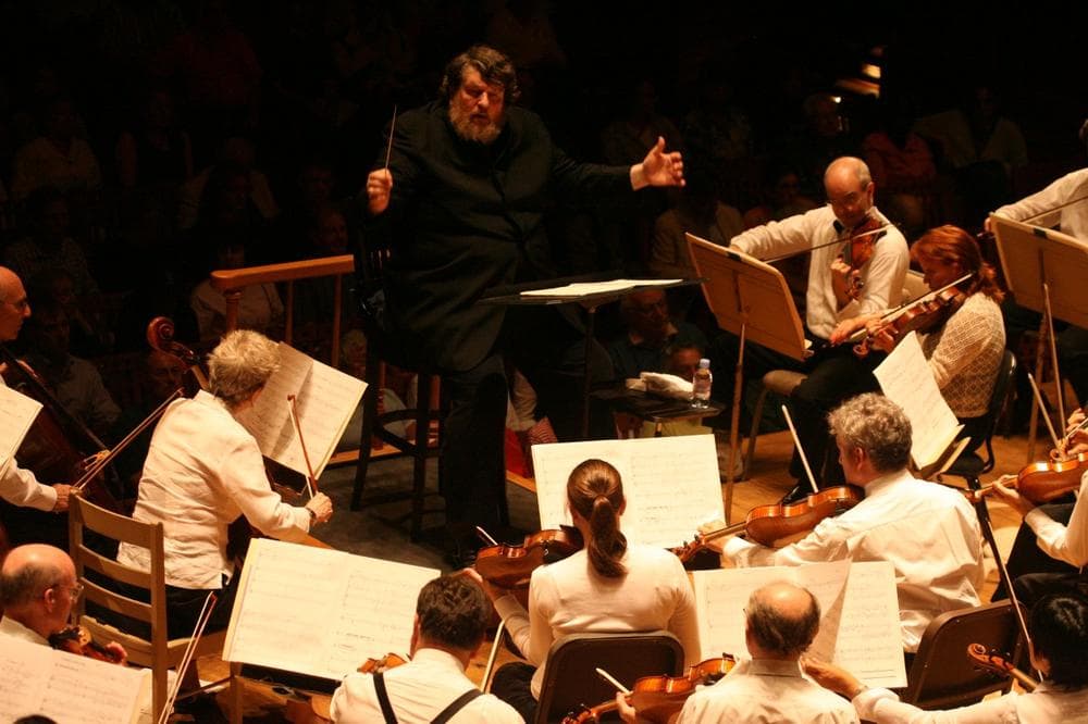 Oliver Knussen conducting the Boston Symphony Orchestra at Tanglewood during the 2008 Festival of Contemporary Music (Hilary Scott/BSO) 