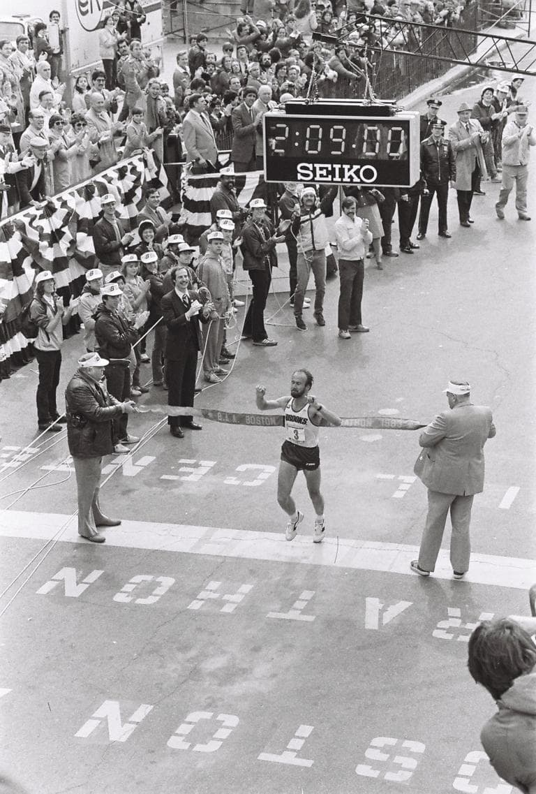 Greg Meyer crosses the finish line of the 1983 Boston Marathon, winning the race.  (Jeff Johnson/runmoremiles.com) 