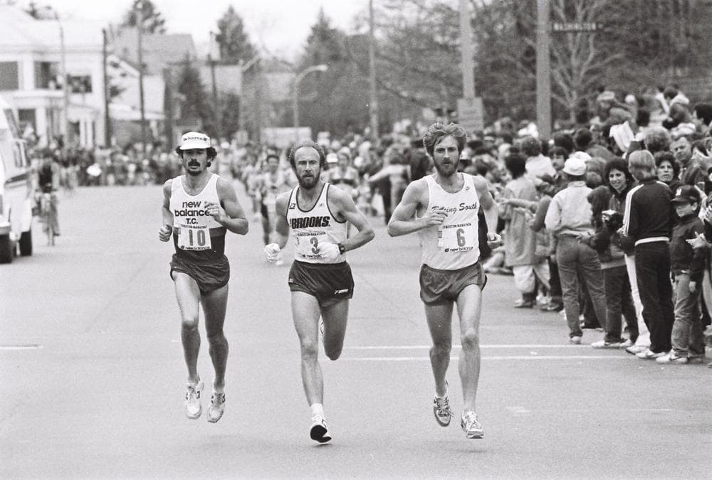 Greg Meyer, middle, runs the 1983 Boston Marathon. At this point in the race, Benji Durden, right, and Paul Cummings, left, are in close competition. (Jeff Johnson/runmoremiles.com)
