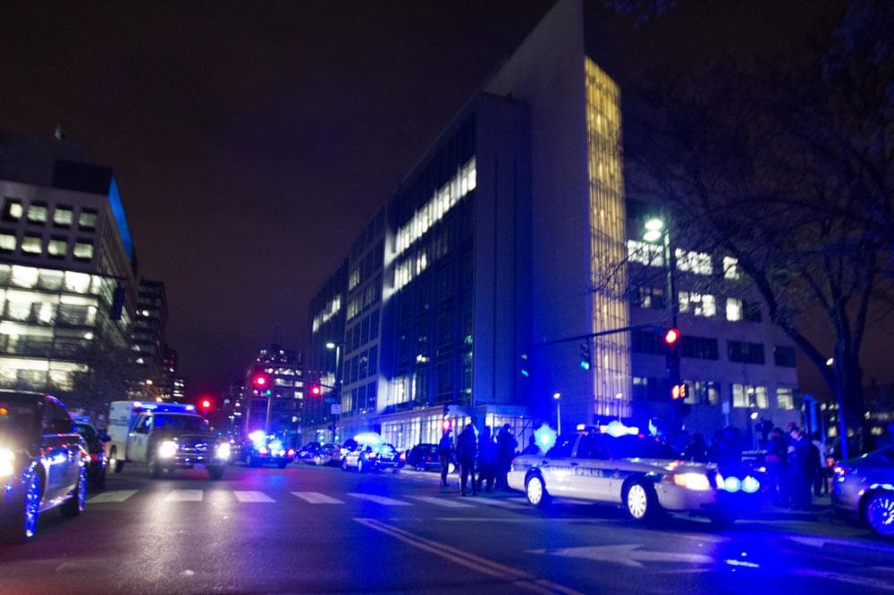 The shooting scene at MIT late Thursday night (Joe Spurr/WBUR)