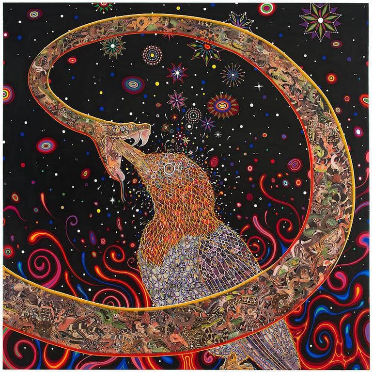 Fred Tomaselli's 2012 painting &quot;Penetrators (Large) ,&quot; featuring photo-collage, acrylic and resin on wood panel . (© The Artist / Courtesy James Cohan Gallery, New York/Shanghai)