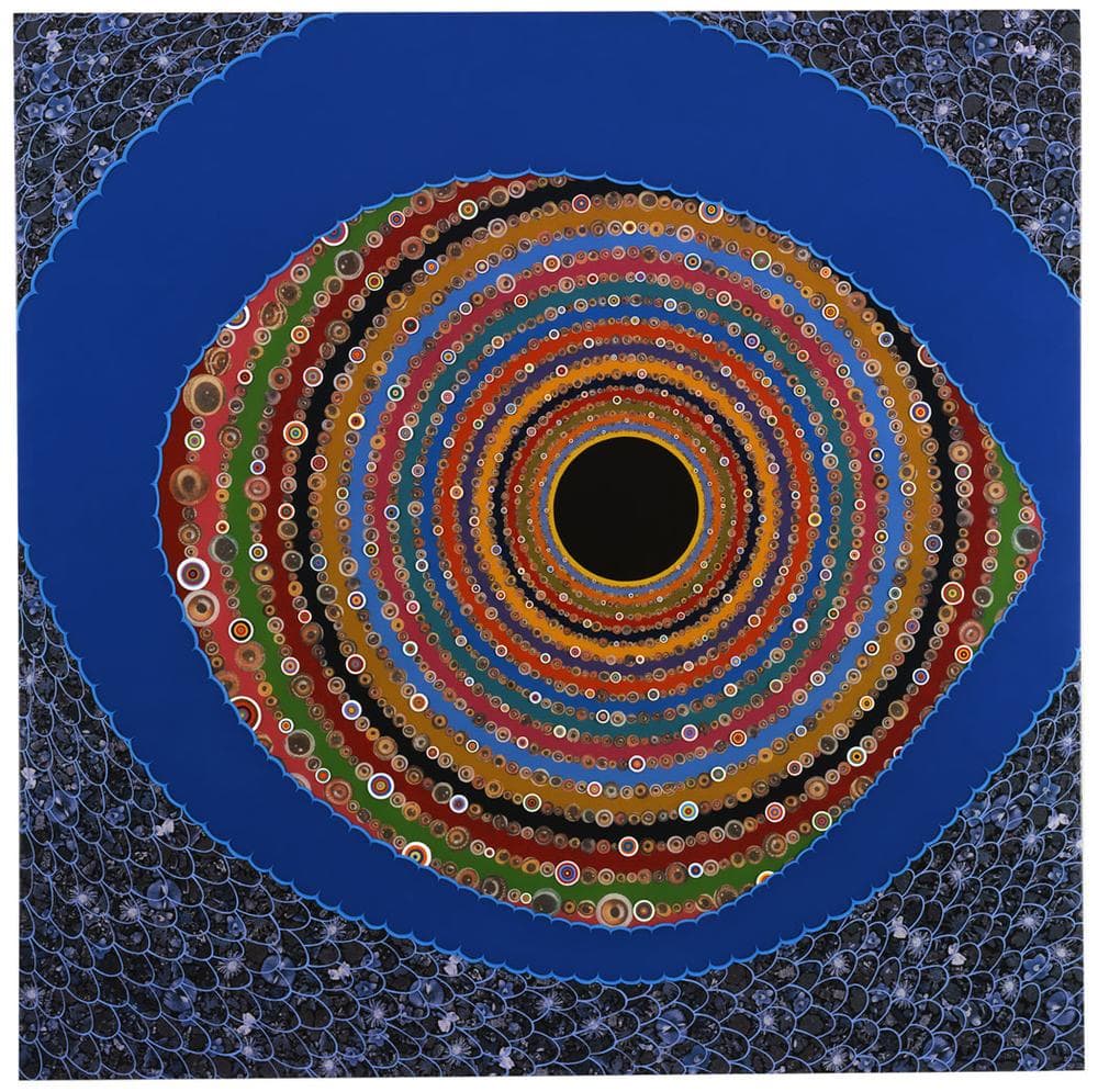 Fred Tomaselli's 2009 painting &quot;Big Eye,&quot; with photocollage, acrylic and resin on wood panel. (© The Artist / Courtesy James Cohan Gallery, New York/Shanghai)