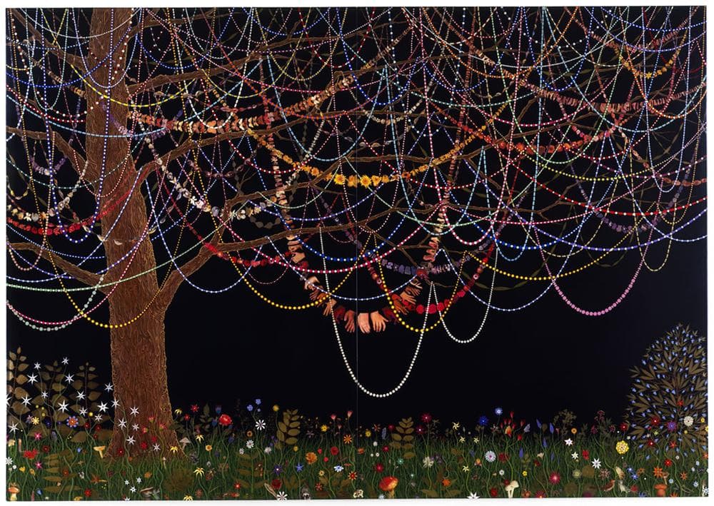 Fred Tomaselli's 2005 painting &quot;Hang Over,&quot; with leaves, pills and acrylic, resin on wood panel. (© The Artist / Courtesy James Cohan Gallery, New York/Shanghai)