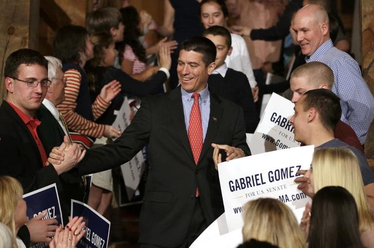 Republican candidate for the U.S. Senate Gabriel Gomez celebrates with supporters after winning his primary bid. (Steven Senne/AP)