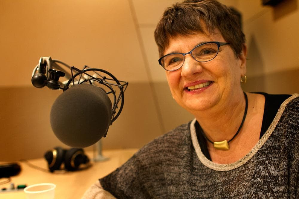 Susan Linn, co-founder and director of the Campaign for a Commercial-Free Childhood, at Here &amp; Now studios at WBUR in Boston. (Jesse Costa/Here and Now)