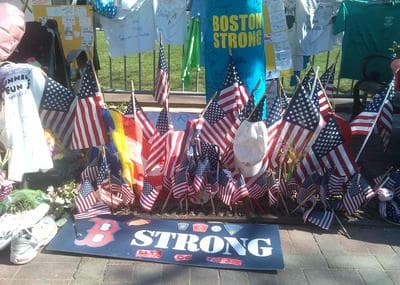 A memorial to victims of the Boston Marathon bombings is pictured in Copley Square, Boston, on Wednesday, May 1, 2013. (Alex Ashlock/Here &amp; Now)