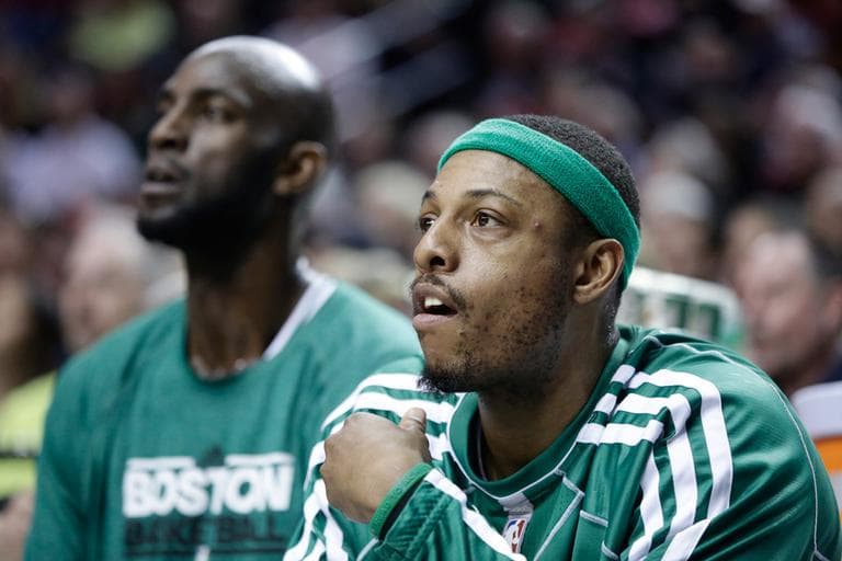 Celtics stars Kevin Garnett, left, and Paul Pierce during a February game (Don Ryan/AP)