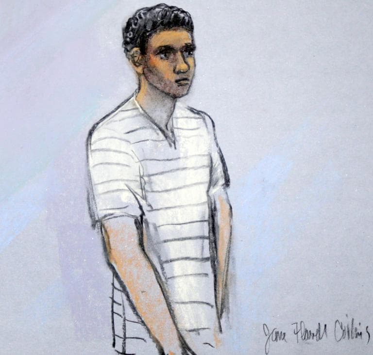 This courtroom sketch shows defendant Robel Phillipos appearing at the Moakley Federal Courthouse in Boston May 1. (Jane Flavell Collins/AP)