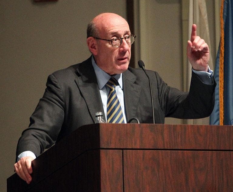 One Fund administrator Kenneth Feinberg leads a town hall meeting on how victims of the Boston Marathon bombing will be compensated, Tuesday at the Boston Public Library in Copley Square. (Angela Rowlings/Boston Herald/AP, Pool)