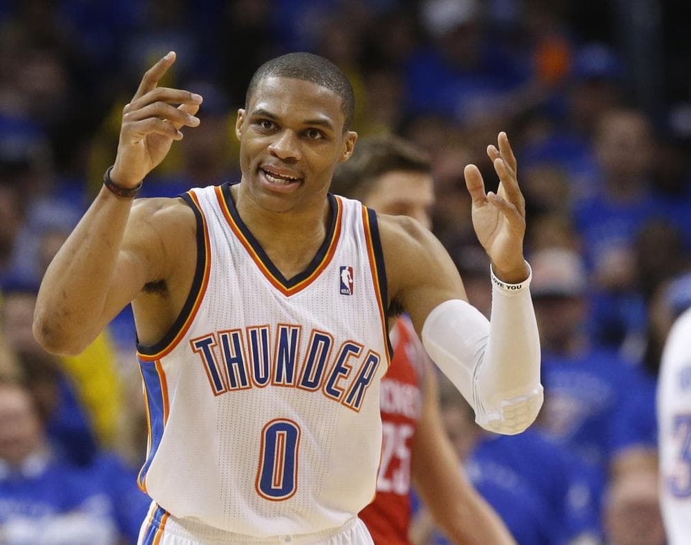 After never having missed a game in his five-year NBA career, Oklahoma City Thunder guard Russell Westbrook will miss the remainder of the playoffs due to injury. (Sue Ogrocki/AP)