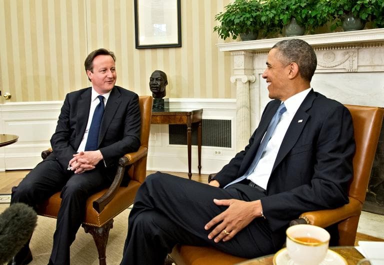 President Barack Obama welcomes British Prime Minister David Cameron in the Oval Office of the White House in Washington, Monday, May 13, 2013, for talks on subjects ranging from Syria's civil war to preparations for a coming summit of the world's leading industrial nations in Northern Ireland. (J. Scott Applewhite/AP)