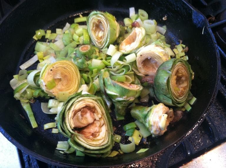 Leeks and artichokes for Kathy Gunst's &quot;Braised Chicken with Artichokes, Leeks and Chives.&quot; (Kathy Gunst/Here &amp; Now) 