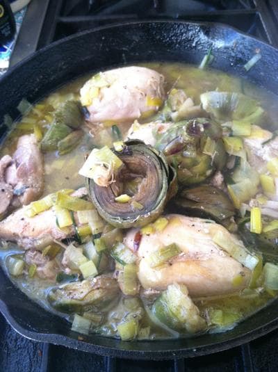 Kathy Gunst's &quot;Braised Chicken with Artichokes, Leeks and Chives.&quot; (Kathy Gunst/Here &amp; Now)