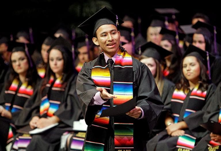 In this photo taken May 22, 2010, Brownie Sibrian, soon to graduate from Whittier College, gives a valedictory speech at a Latino pre-graduation celebration, sponsored by the Latino Student Assn. and MEChA, about a week before graduation on the campus in Whittier, Calif. (Reed Saxon/AP)