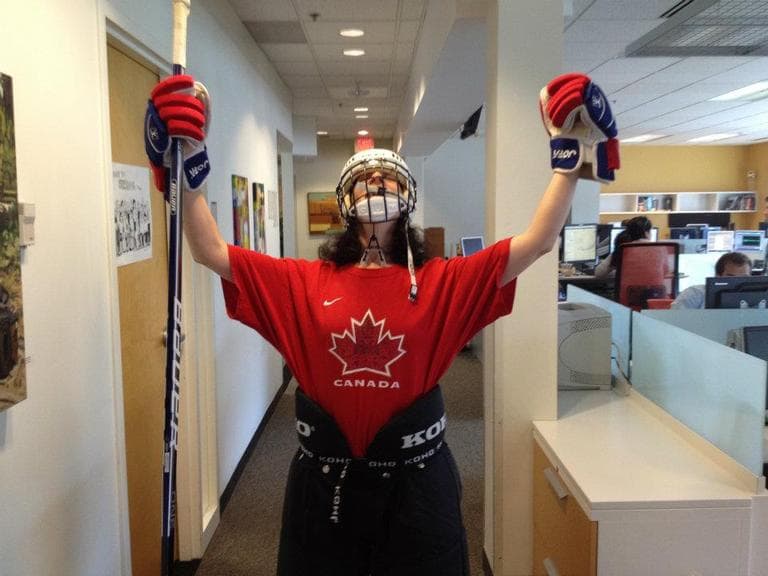 Here &amp; Now's Karyn Miller-Medzon is pictured in her hockey gear during our 2012 Office Olympics. (Here &amp; Now)