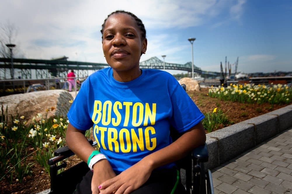Mery Daniel, pictured last year outside Spaulding Rehabilitation Hospital, lost her left leg in the Boston Marathon bombings. (Jesse Costa/WBUR)