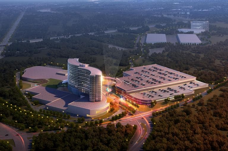 This architectural rendering, released Tuesday shows a new design for a resort casino that the Mashpee Wampanoag tribe hopes to build in Taunton (Regan Communications)