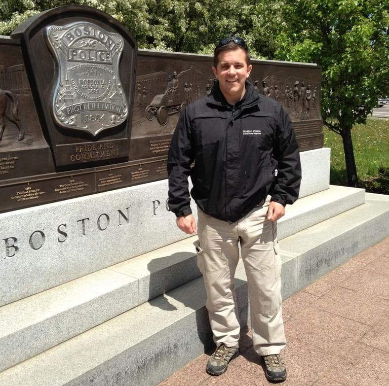 Boston Police Officer Terry Shane Burke, who lost a leg in Iraq in 2006 and now works as a crime scene technician, was one of many officers who processed the marathon bombing scene on Boylston Street, and he’s offered support to bombing victims. (Lynn Jolicoeur/WBUR)