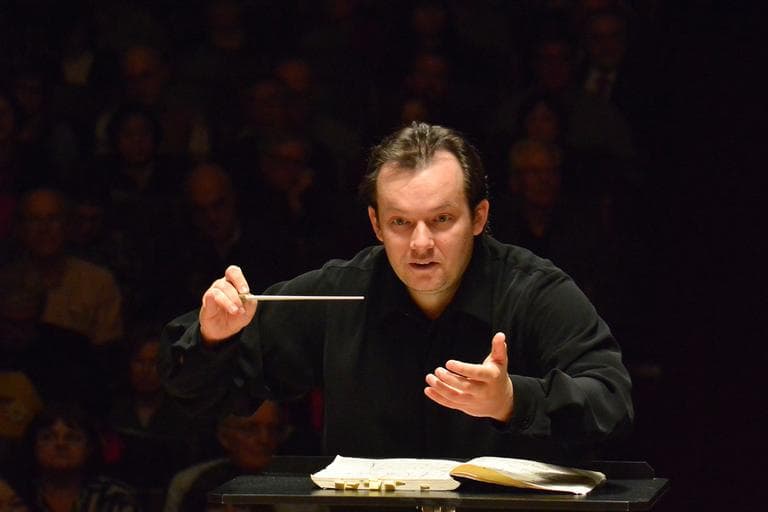 Andris Nelsons leads the Boston Symphony Orchestra in Tchaikovsky&#039;s &quot;Symphony No. 5&quot; on Jan. 31, 2013 at Symphony Hall in Boston. (Stu Rosner via BSO)
