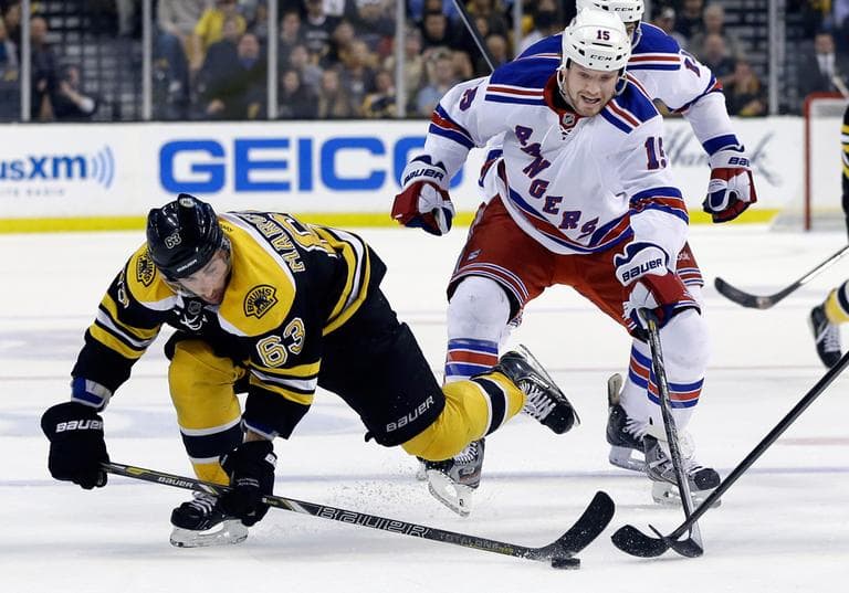 Boston Bruins left wing Brad Marchand (63) gets to the puck ahead of New York Rangers right wing Derek Dorsett (15) during the second period in Game 2 of the NHL Eastern Conference semifinal hockey playoff series in Boston, Sunday, May 19, 2013. (Elise Amendola/AP)