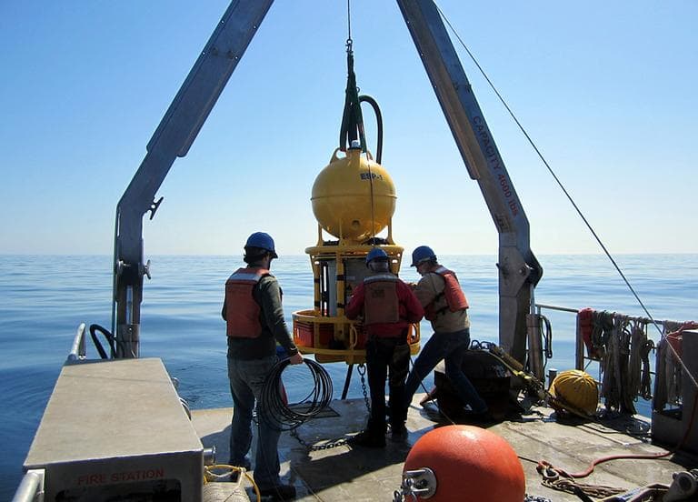This April 28, 2013 photo released by Woods Hole Oceanographic Institution shows a robotic device being deployed to detect red tide in the Gulf of Maine. (Isaac Rosenthal, Woods Hole Oceanographic Institution &amp; Northeastern University/AP)