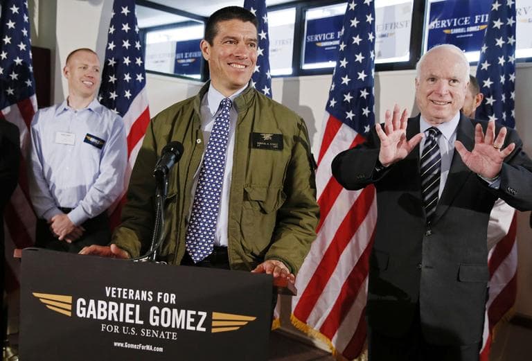 Massachusetts Republican candidate for U.S. Senate Gabriel Gomez repeated a claim, during a Monday appearance with Sen. John McCain, R-Ariz., right, that his Democratic opponent U.S. Rep. Edward Markey hasn't sponsored a bill in the last 20 years that became law. (Michael Dwyer/AP)