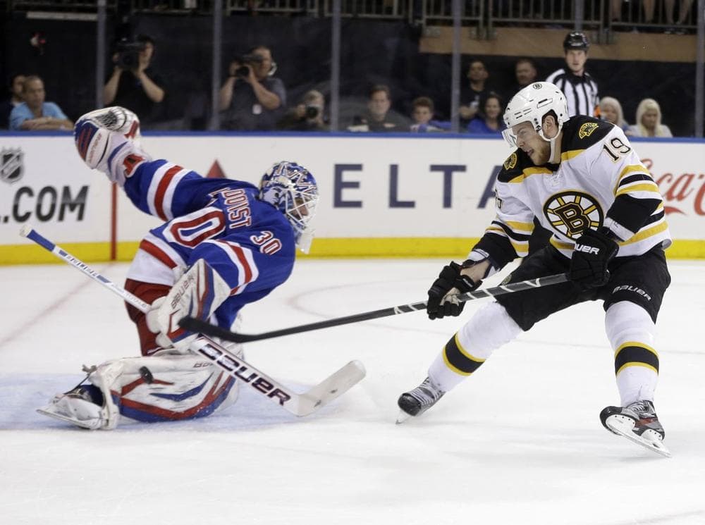 Bruins' forward Tyler Seguin can't get the puck past New York Rangers goalie Henrik Lundqvist during the first period in Game 3. (AP)