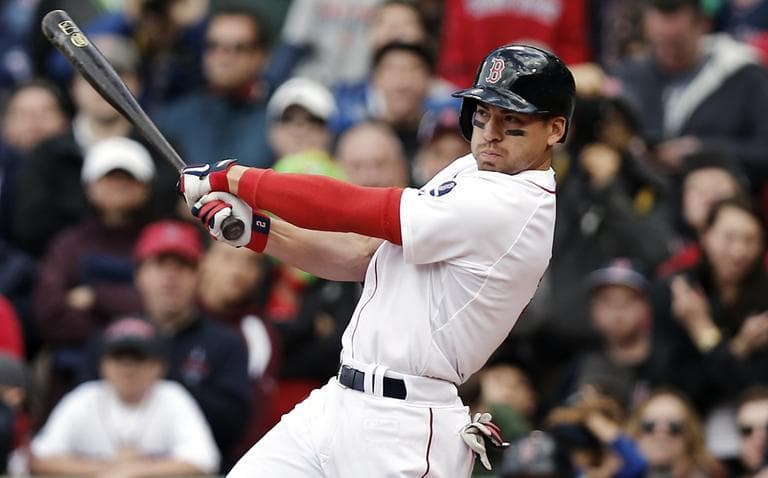 Boston Red Sox's Jacoby Ellsbury follows through on his walk off two-run double during the ninth inning of Boston's 6-5 win over the Cleveland Indians in a baseball game at Fenway Park in Boston Sunday, May 26, 2013. (Winslow Townson/AP)