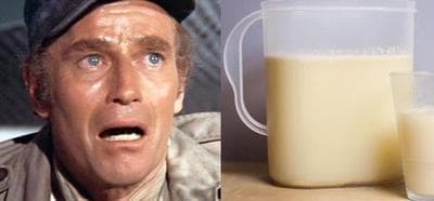 Charlton Heston (left) is pictured in a scene from the 1972 film &quot;Soylent Green.&quot; (MGM) At left, a pitcher of Soylent. (Soylent/Facebook)