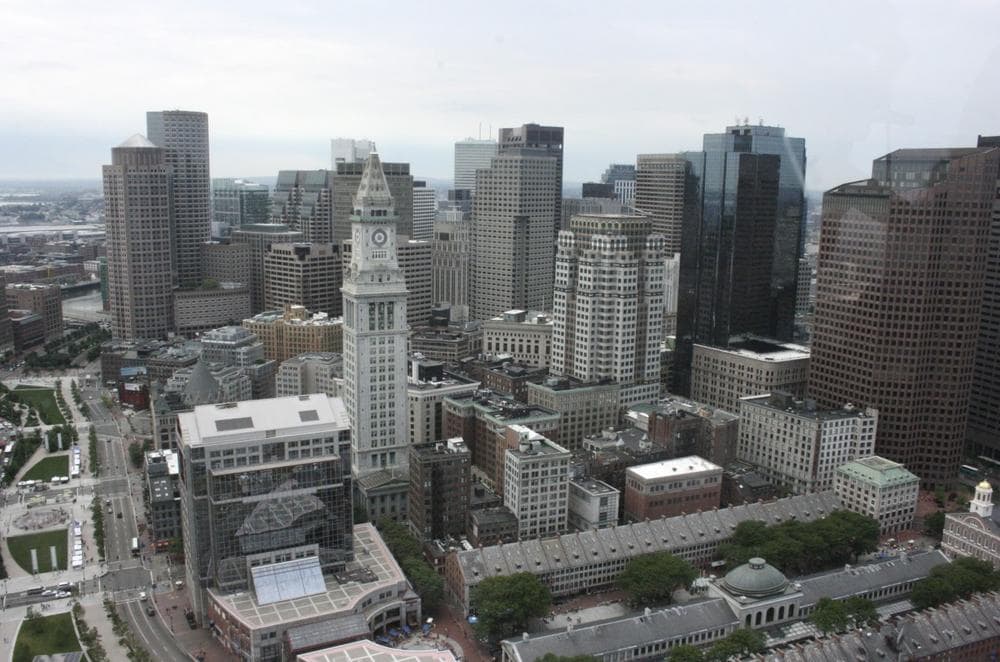 This July 22, 2011, aerial photo looking south shows the skyline of downtown Boston. (Karen Testa/AP)