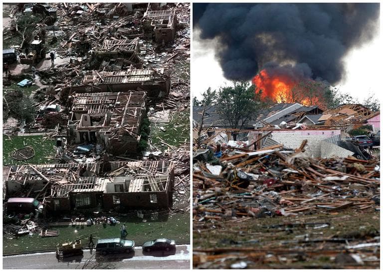 This combination of photos compares a neighborhood in Moore, Okla. after a devastating tornado in 1999 (left) with the aftermath of Monday’s storm. (AP)