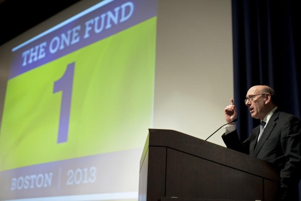 Administrator KennethFeinberg delivers an opening statement at The One Fund town hall meeting at the Boston Public Library May 6, 2013. (AP)