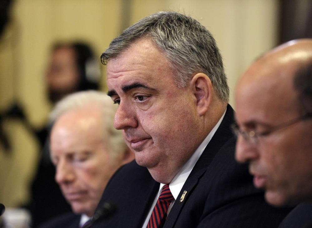 Boston Police Commissioner Edward Davis, center, listens to opening statements during the House Homeland Security Committee hearing. (AP)