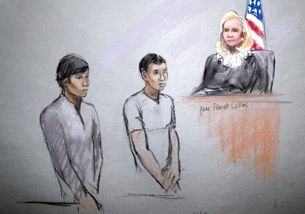 This courtroom sketch signed by artist Jane Flavell Collins shows defendants Dias Kadyrbayev, left, and Azamat Tazhayakov appearing in front of Federal Magistrate Marianne Bowler at the Moakley Federal Courthouse in Boston, Mass., Wednesday, May 1, 2013. The two college friends of Boston Marathon bombing suspect Dzhokhar Tsarnaev, and another man, were arrested and charged with removing a backpack containing hollowed-out fireworks from Tsarnaev's dorm room. (AP Photo/Jane Flavell Collins)